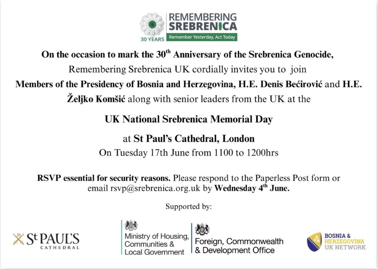 Historijskom komemoracijom u Katedrali Svetog Pavla u Londonu započeo mjesec obilježavanja 30. godišnjice genocida u Srebrenici